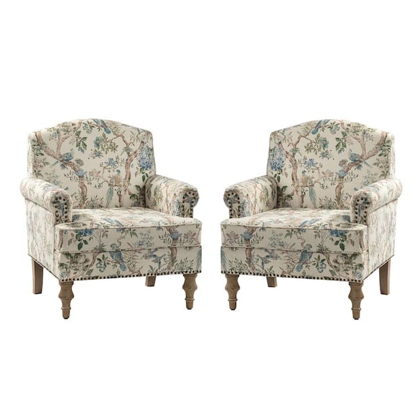 Romain Farmhouse Bird Fabric Arm Chair with Solid Wooden Legs (Set of 2)
