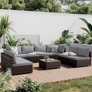 9-Piece Wicker Patio Conversation Seating Set with Light Gray Cushions and Coffee Table