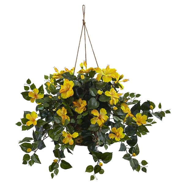 Nearly Natural 22 In Hibiscus Hanging Basket 6866 Yl The Home Depot