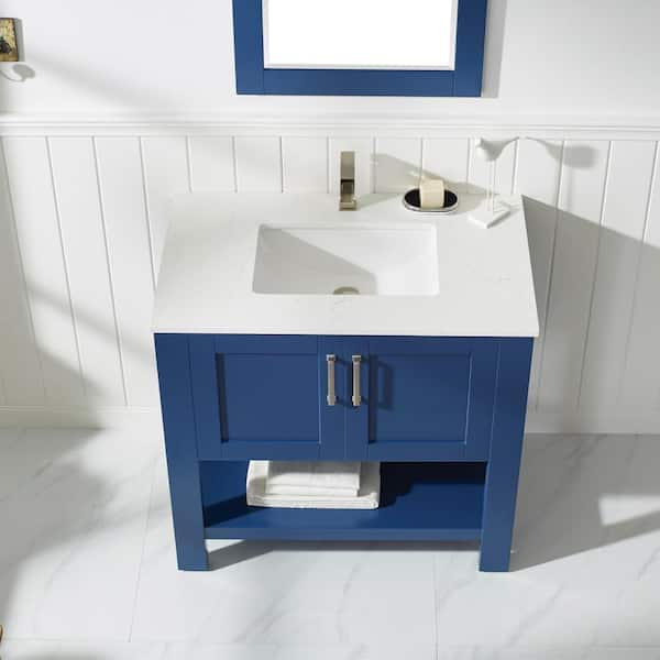 Roswell Grayson 36 In Bath Vanity In Blue With Manufactured Stone Vanity Top In White With White Basin And Mirror 884036p Jb Aw The Home Depot