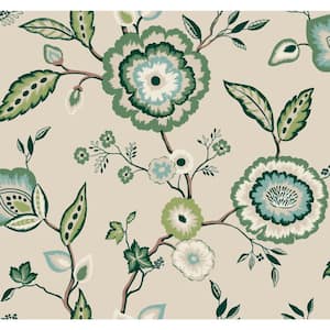 Dahlia Blooms Linen/Jade Multi-Colored Matte Pre-pasted Paper Wallpaper 60.75 sq. ft