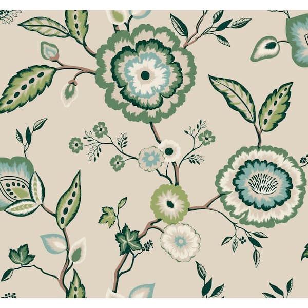 York Wallcoverings Dahlia Blooms Linen/Jade Multi-Colored Matte
