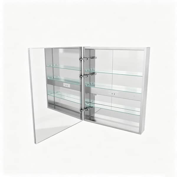24 in. W x 30.2 in. H Rectangular Silver Aluminum Frameless Medicine Cabinet with Mirror Left Opening