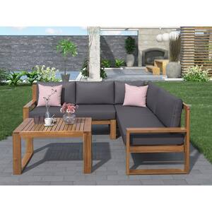 3-Piece Acacia Wood Outdoor Sectional Set with Gray Cushions