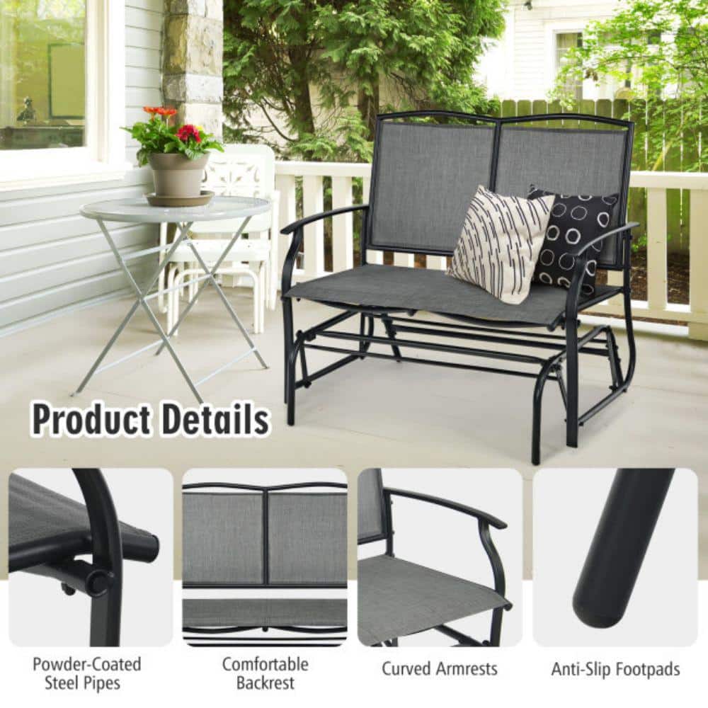 Gray Steel Frame 2-Person Outdoor Glider Bench with Arms