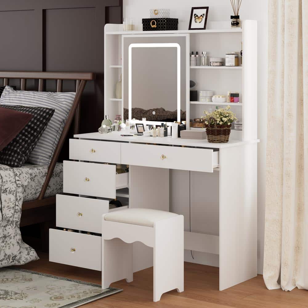 FUFU&GAGA 5-Drawers White Wood LED Lights Push-Pull Mirror Makeup