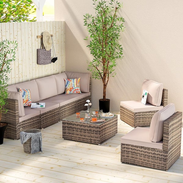 Runesay 7-Piece Brown Wicker Patio Conversation Seating Set with Brown Cushions