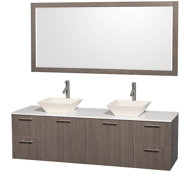 Wyndham Collection Amare 72 in. Double Vanity in Grey Oak with Glass Vanity Top in White and Porcelain Sink