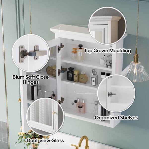 Forclover Assembled Solid Wood 24-in x 30-in Surface Mount White Mirrored Soft Close Medicine Cabinet