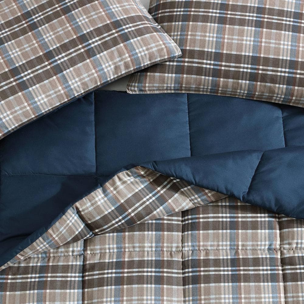 Twin Brown Plaid Microsuede Duvet Cover Set with Sham
