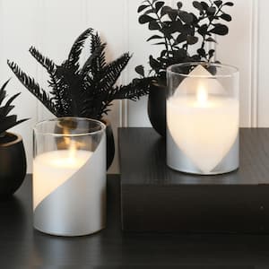 Wraparound Silver Battery Operated LED Glass Candles with Moving Flame (Set of 2)