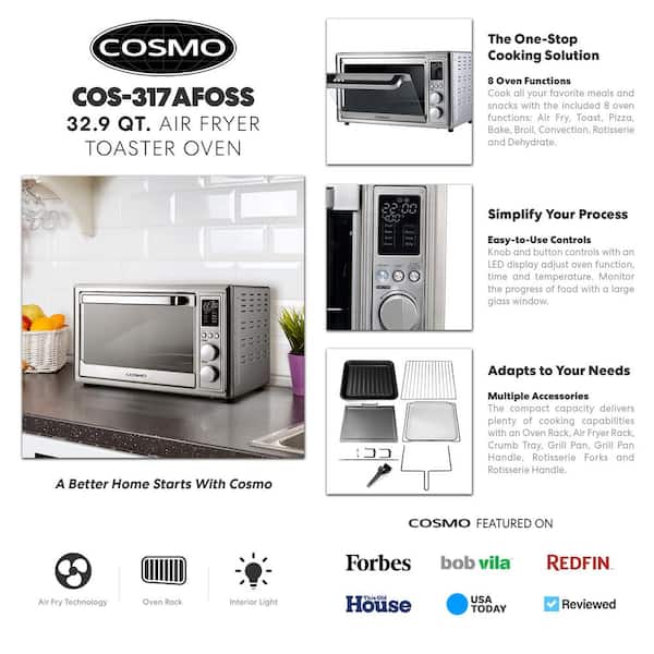 Cosmo Air Fryer Toaster Oven cos-317afoss 32 Quart Compact Electric with LED Display, Air Fry Basket, Rotisserie Fork, 1800W in Stainless Steel