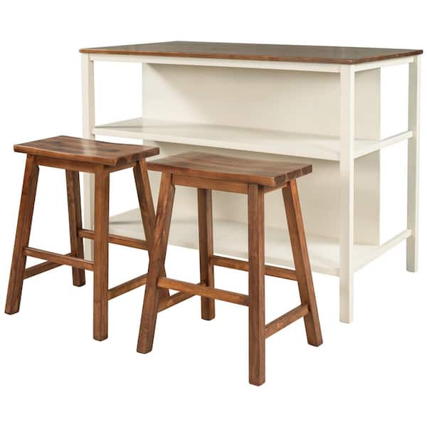 Ziyudura White Solid Rubber Wood Top 45 in. Kitchen Island with 2 Dining Stools and Open Shelves