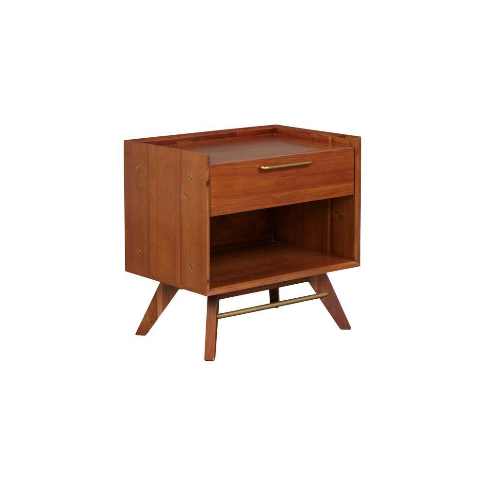 Walnut Acacia Wood Nightstand with Brass Handle and Shelf