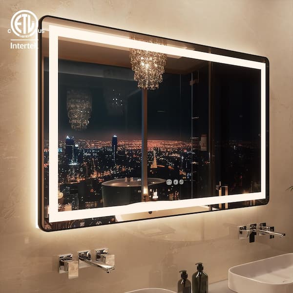 60 in. W x 36 in. H Rectangle Seamless Rounded Framed Wall Bathroom LED Vanity Mirror in Matte black