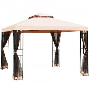 10 ft. x 10 ft. Beige 2 Tier Outdoor Patio Pop-Up Vented Metal Canopy Tent with Mosquito Netting
