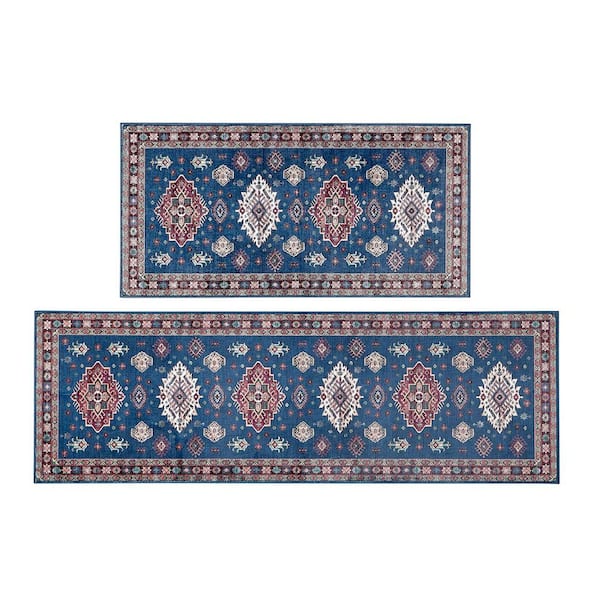 Billie Navy/Red 2 ft. x 6 ft. Medallion 2-Piece Rug Set