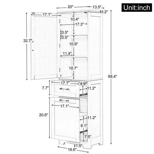 ZXDDMS 20 in. W x 13 in. D x 68 in. H Gray Linen Cabinet Bathroom