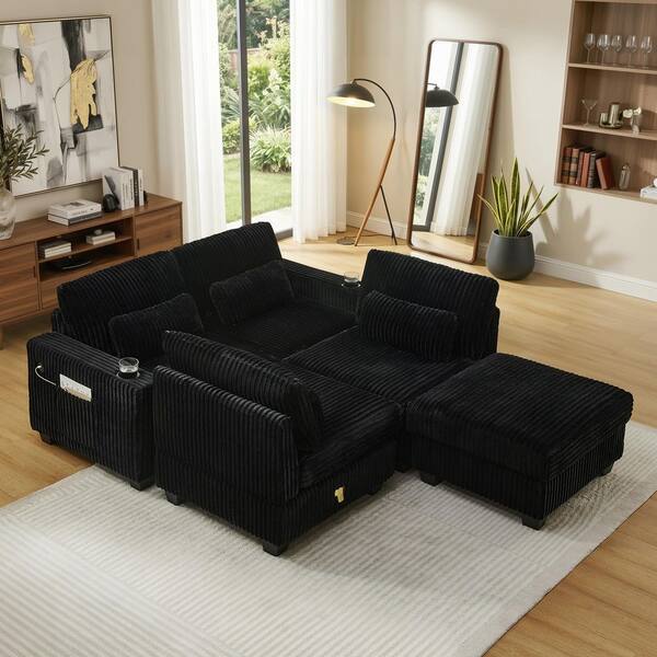 124.5 in. Corduroy L-Shaped Modular Sectional Sofa in Black with Ottoman, Storage Pockets and Cup Holders