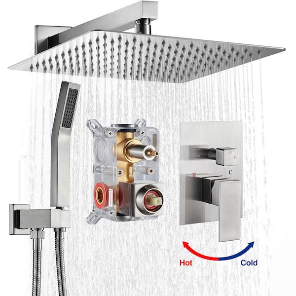 Heemli Rainfall Single Handle 1-Spray Square 12 in. Shower Faucets 1.8 GPM w/Pressure Balance in Brushed Nickel (Valve Included