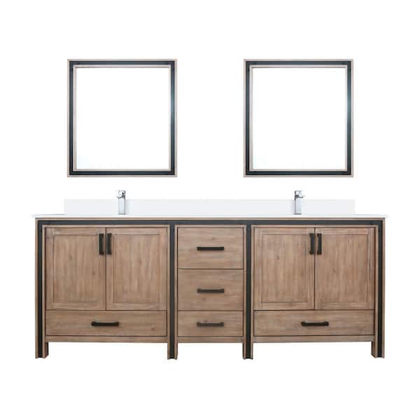 Ziva 84 in W x 22 in D Rustic Barnwood Double Bath Vanity, White Quartz Top, Faucet Set and 34 in Mirrors