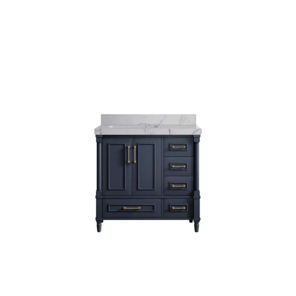 Willow Collections Hudson 36 in. W x 22 in. D x 36 in. H Single Left Offset Sink Bath Vanity in Navy Blue with 2 in. Venatino Qt. Top