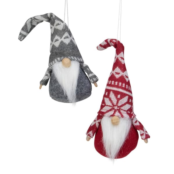 Gnomes with Nordic Hats Christmas Ornaments-7 in. Red and Gray-Set of 2
