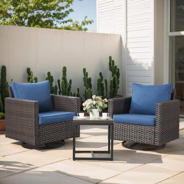 Opohoro U-Weave 3-Piece Brown Wicker Swivel Outdoor Rocking Chairs Patio Conversation Set with Olefin Blue Cushions
