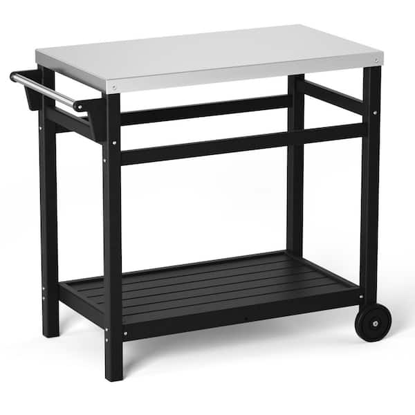 Otryad Black 34 in. Outdoor Grill Cart Prep Dining Cart Table with Stainless Steel Countertop, Storage Shelf and Towel Bar