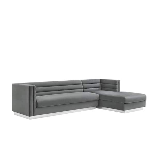 Inspired Home Annemarie 69in Width Square Arm Style Upholstered Velvet Tufted L Shaped Sofa in Dark Gray