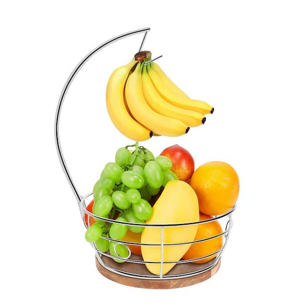 1 Piece Countertop Fruit Basket Bowl with Banana Hanger, Modern Standing Fruit Vegetable Bowl Storage, Chrome
