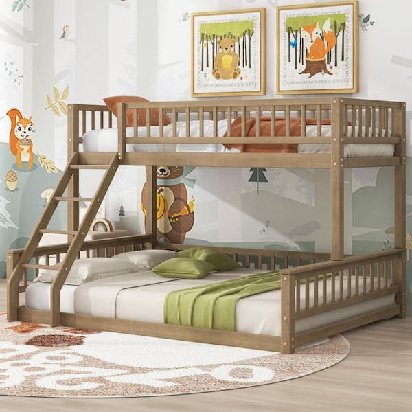 Walnut Twin XL over Queen Bunk Bed with Ladder and Guardrails