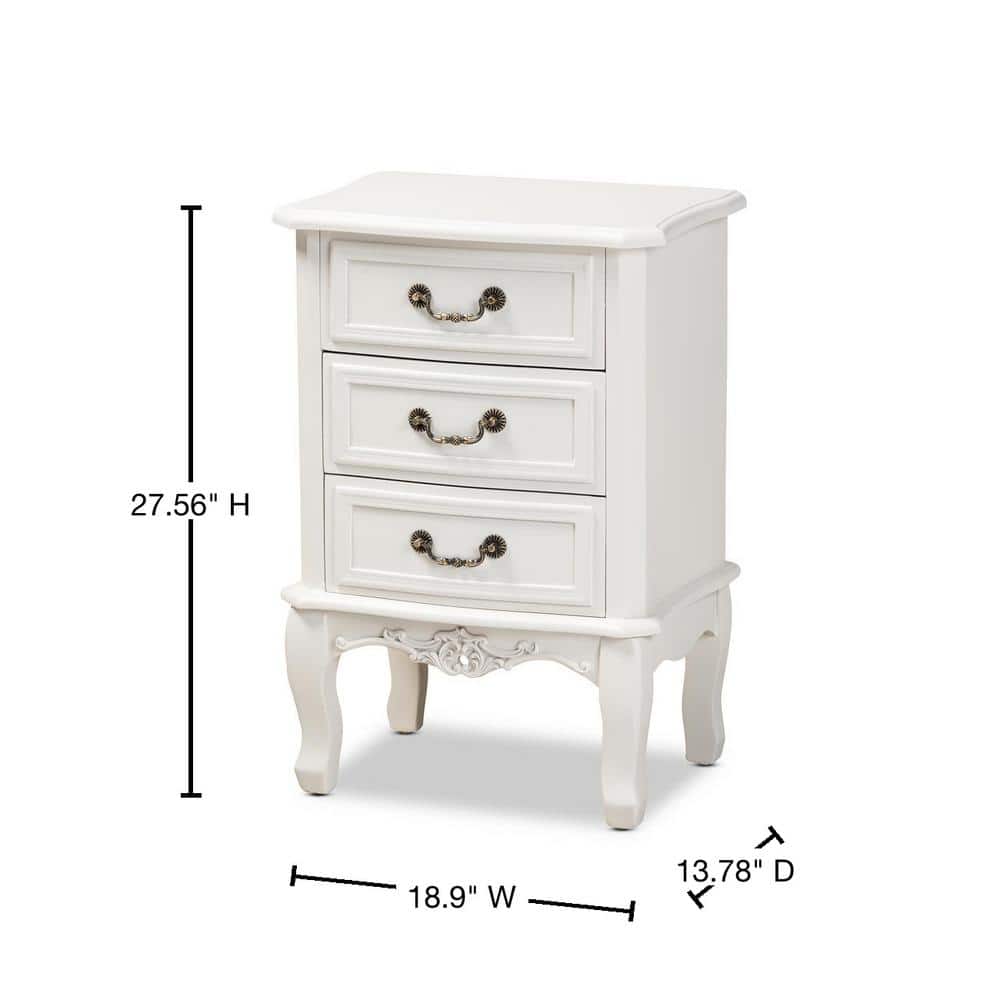 White 3-Drawer French Country Wood Nightstand