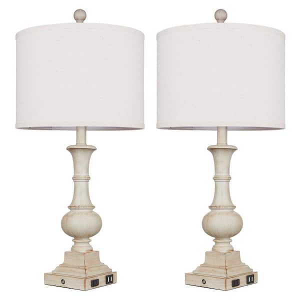 Cinkeda Levis 26 in. Off White Farmhouse Resin Table Lamp Set with Dual USB Ports and Built-in Outlet