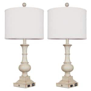 Levis 26 in. Off White Farmhouse Resin Table Lamp Set with Dual USB Ports and Built-in outlet