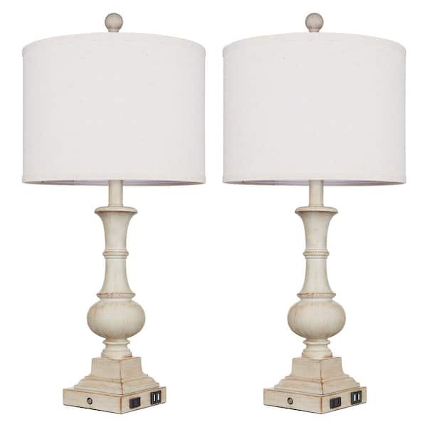 Cinkeda Levis 26 in. Off White Farmhouse Resin Table Lamp Set with Dual USB Ports and Built-in outlet