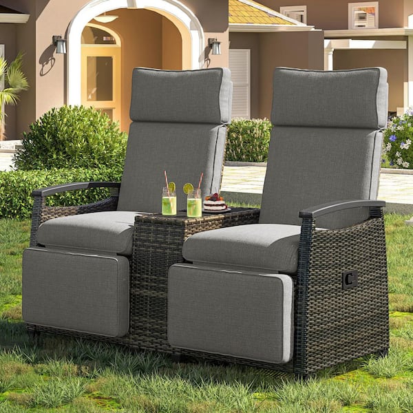 Unbranded 2-Pieces Wicker Outdoor Loveseat Chair with Grayish Brown Cushions, Adjustable Backrest and Table in Brown for Balcony