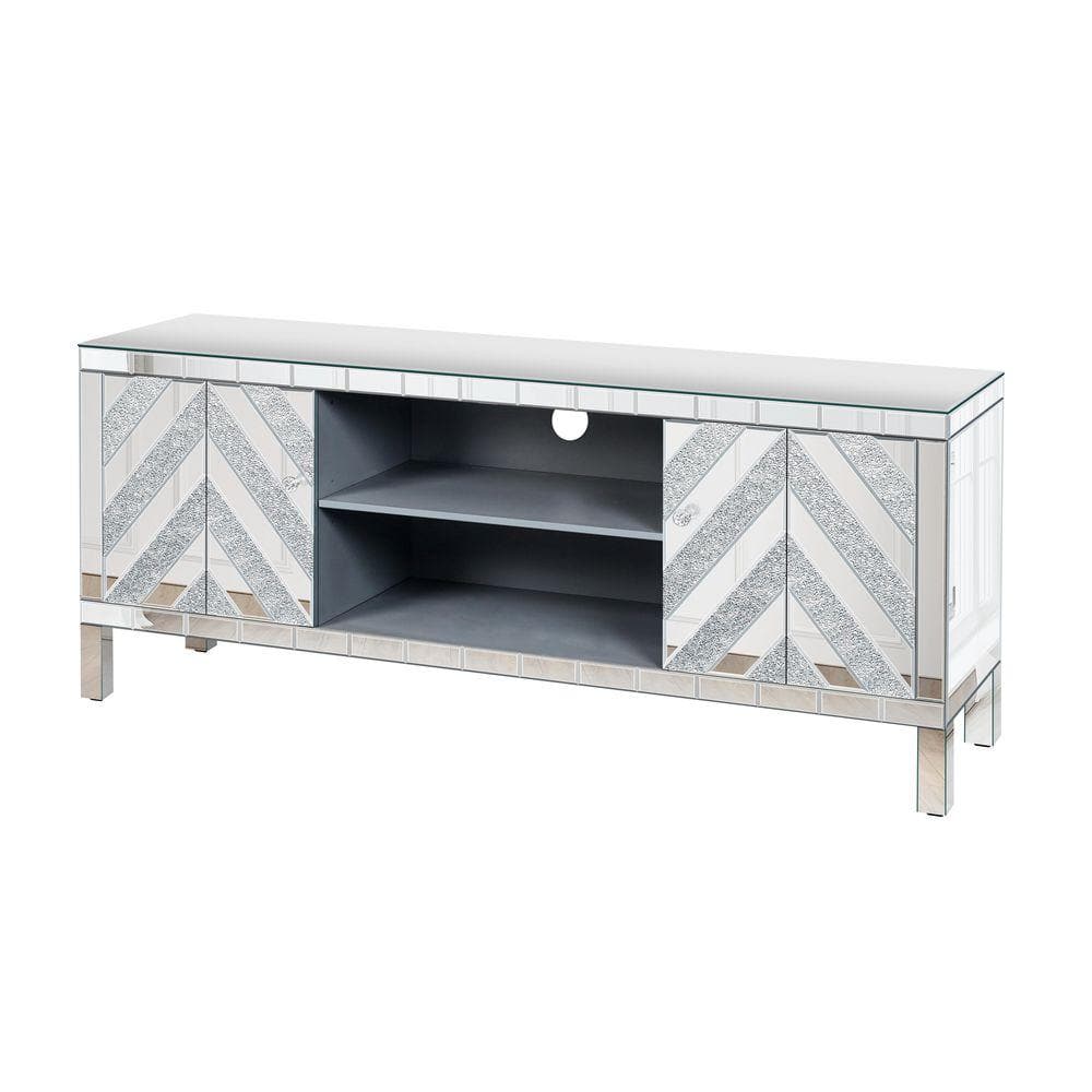 59 in. W x 15.7 in. D x 25 in. H Silver Linen Cabinet with Open Storage, M Shape Sparkling Mirror Doors