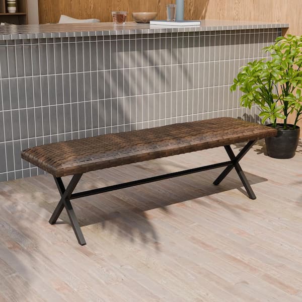 55.1 in. x 15. 7 in. Woven Rattan Seat Outdoor All Weather Patio Furniture Dining Bench