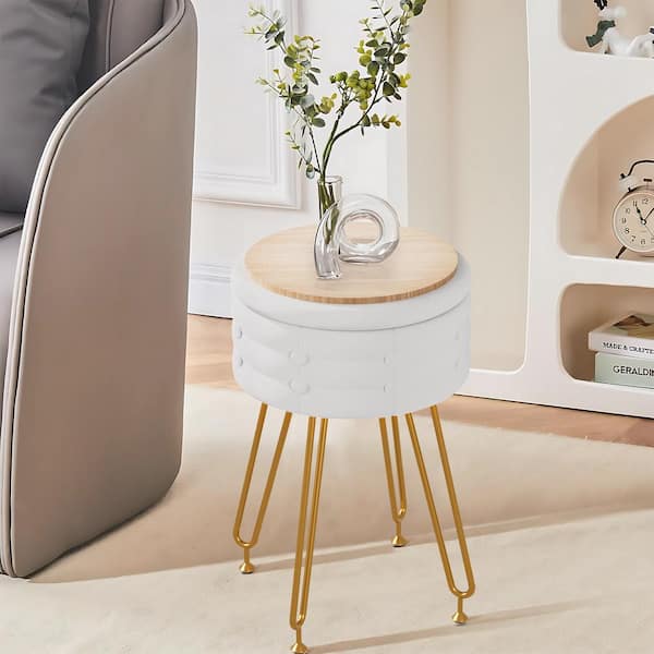 VECELO Vanity Stool with Storage, White (Styke 2) Velvet Makeup Chair, Metal Legs, Anti-Slip Feet for Bedroom, Living Room