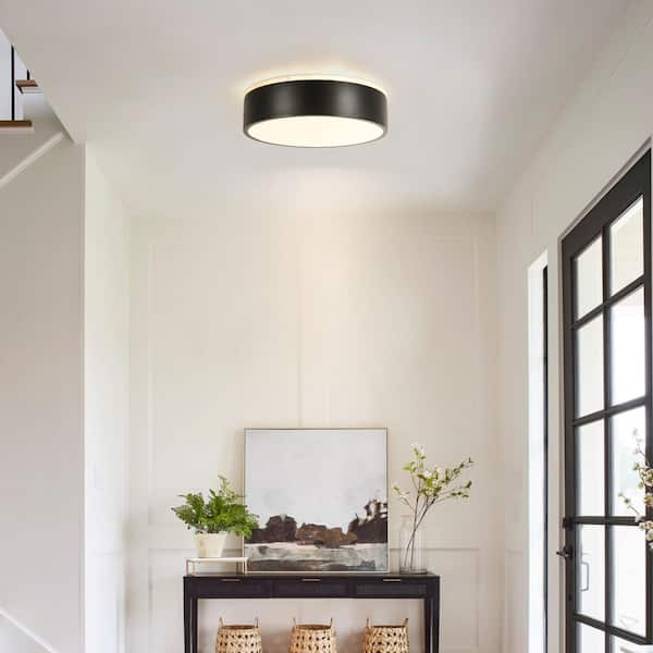 Norma 11.8 in. Modern Drum Black Integrated LED Flush Mount Light Ceiling Light with Acrylic Shade