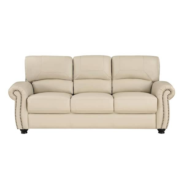Homelegance Brennen 84 in. W Rolled Arm Leather Rectangle Sofa in. Cream