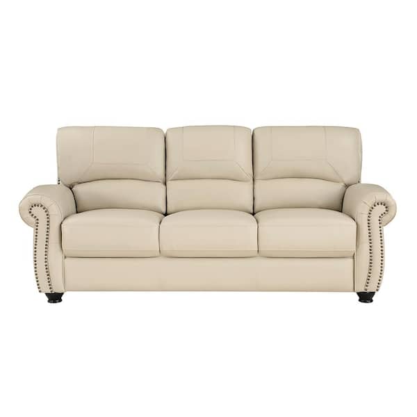 Lazzara Brennen 84 in. W Rolled Arm Leather Rectangle Sofa in. Cream