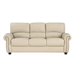 Brennen 84 in. W Rolled Arm Leather Rectangle Sofa in. Cream