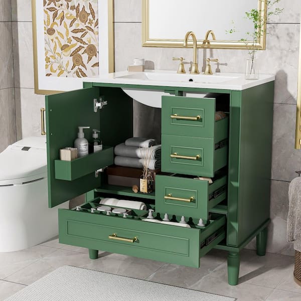 Nestfair 30 in. W x 18.3 in. D x 34 in. H Single Sink Freestanding Bath Vanity in Green with White Ceramic Top