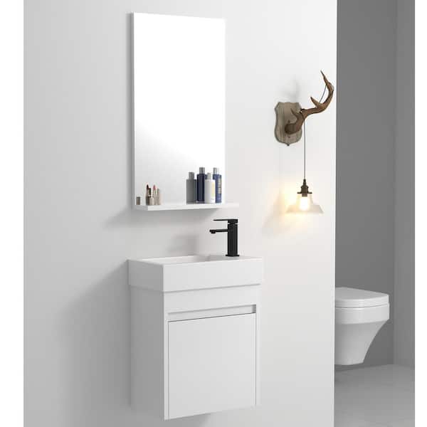 FUNKOL 18 in. Wall-Mounted Floating Bathroom Vanity with Resin Sink and Soft-Close Cabinet Door in White