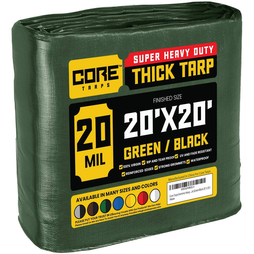 CORE TARPS 20 Ft X 20 Ft Green Black 20 Mil Heavy Duty Polyethylene 