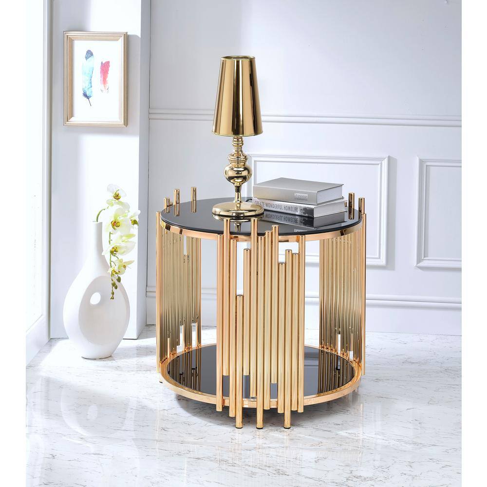 Tanquin 25" Round Black Glass & Gold Metal End Table