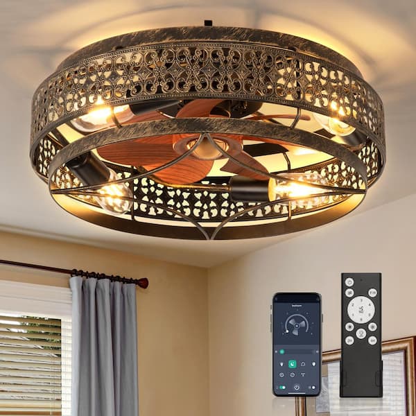 ARISKEEN 18 in. Indoor Caged Ceiling Fan with Light, Low Profile Flush Mount Ceiling Fan with Remote Control-Black Sweep Gold