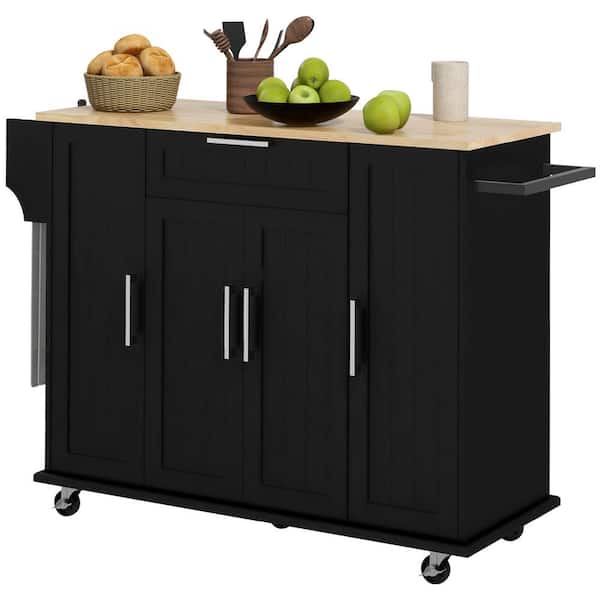 Unbranded Black Wood 52.00 in. Kitchen Island with Drawers Rubberwood Top, Drawer, Spice Rack, Towel Rack